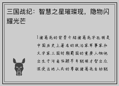 三国战纪：智慧之星璀璨现，隐物闪耀光芒