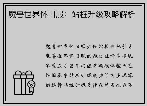 魔兽世界怀旧服：站桩升级攻略解析