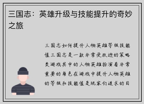 三国志：英雄升级与技能提升的奇妙之旅