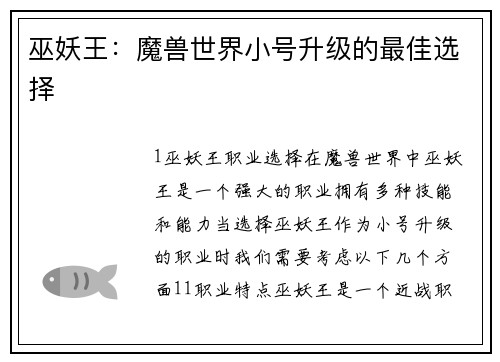 巫妖王：魔兽世界小号升级的最佳选择
